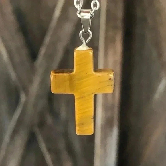 Tiger Eye Cross Natural Stainless Steel Necklace NWT - Picture 1 of 4